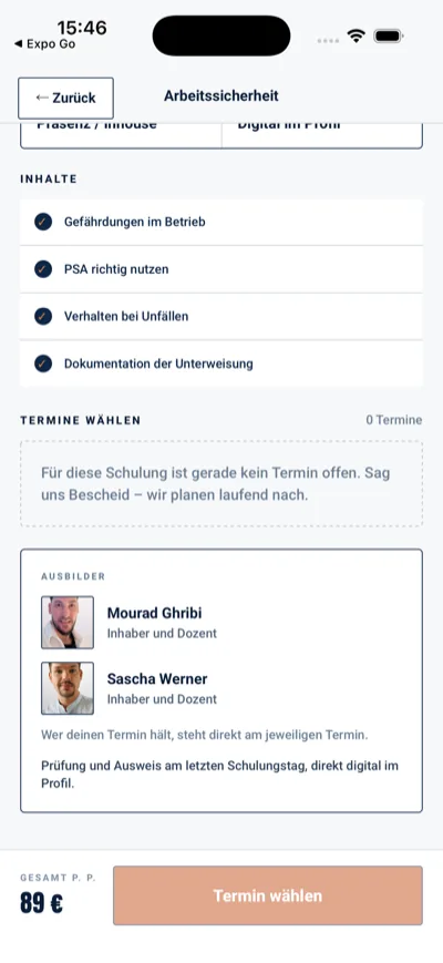 Die Ausbilder App, Kursdetail Arbeitssicherheit mit Inhalten und Terminen