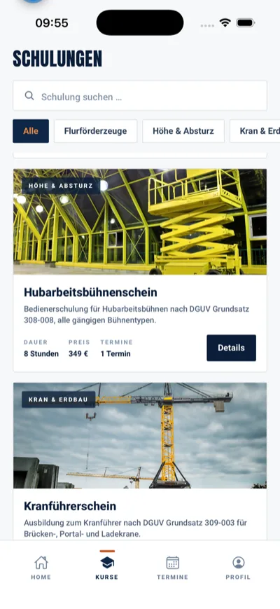 Die Ausbilder App, Kursübersicht mit Filtern