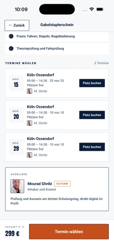 Die Ausbilder App, Termine und Buchung