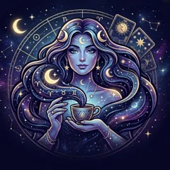 App-Symbol von FalciDilara: eine Frau mit sternenhimmelfarbenem Haar hält eine Kaffeetasse vor einem goldenen Tierkreis mit Mondphasen und Tarotkarten