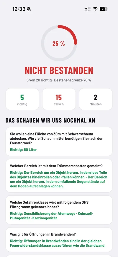 DieFeuerwehrApp, Prüfungsergebnis mit 25 Prozent bei einer Bestehensgrenze von 70 Prozent und den verpassten Fragen samt Lösung