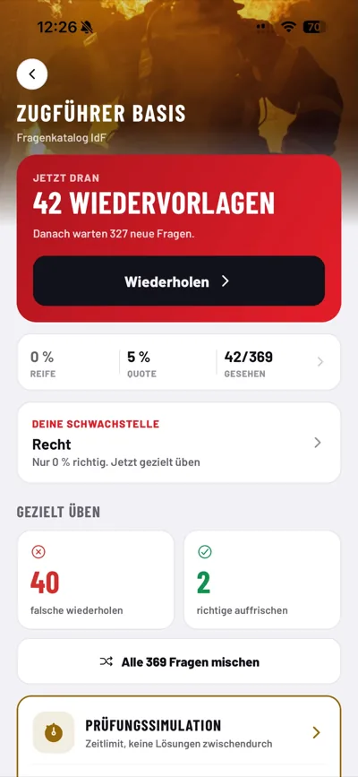DieFeuerwehrApp, Lehrgang Zugführer Basis mit den fälligen Wiedervorlagen, Reife, Quote und der erkannten Schwachstelle