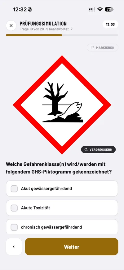 DieFeuerwehrApp, laufende Prüfungssimulation: Frage 10 von 20 zu einem GHS-Piktogramm, oben rechts die verbleibende Zeit