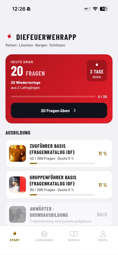 DieFeuerwehrApp, Startbildschirm mit Tagespensum und Lernserie