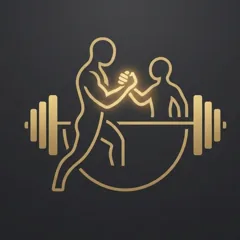 App-Symbol von MyGymPal: zwei stilisierte Figuren beim Handschlag über einer Langhantel, golden auf dunklem Grund
