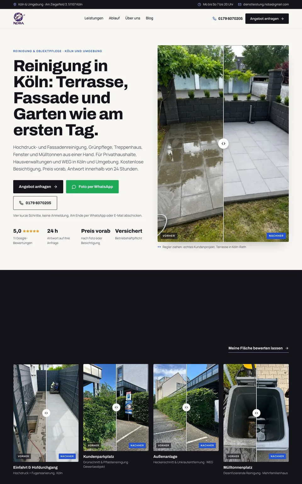 Landingpage noba-dienstleistungen.de: Reinigung in Köln mit Vorher-Nachher-Vergleich