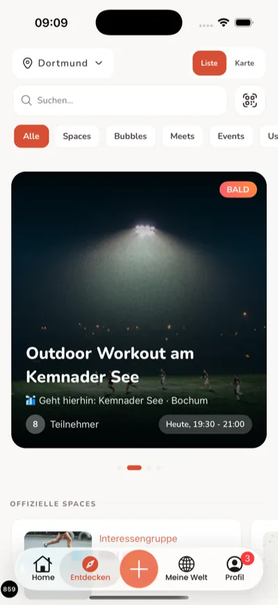 Thirdplaces App, Entdecken mit Ortswahl, Suche und Filtern nach Spaces, Bubbles, Meets und Events