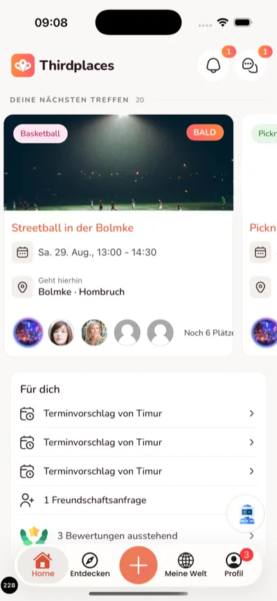 Thirdplaces App, Startbildschirm mit den nächsten Treffen