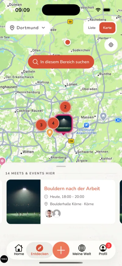 Thirdplaces App, Kartenansicht mit gebündelten Treffen im Ruhrgebiet