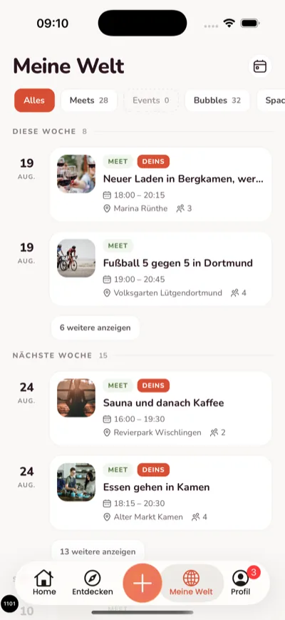 Thirdplaces App, Meine Welt mit den eigenen Treffen nach Wochen sortiert