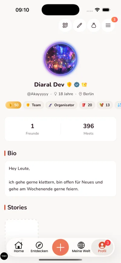 Thirdplaces App, Nutzerprofil mit Auszeichnungen, Freunden, Bio und Stories