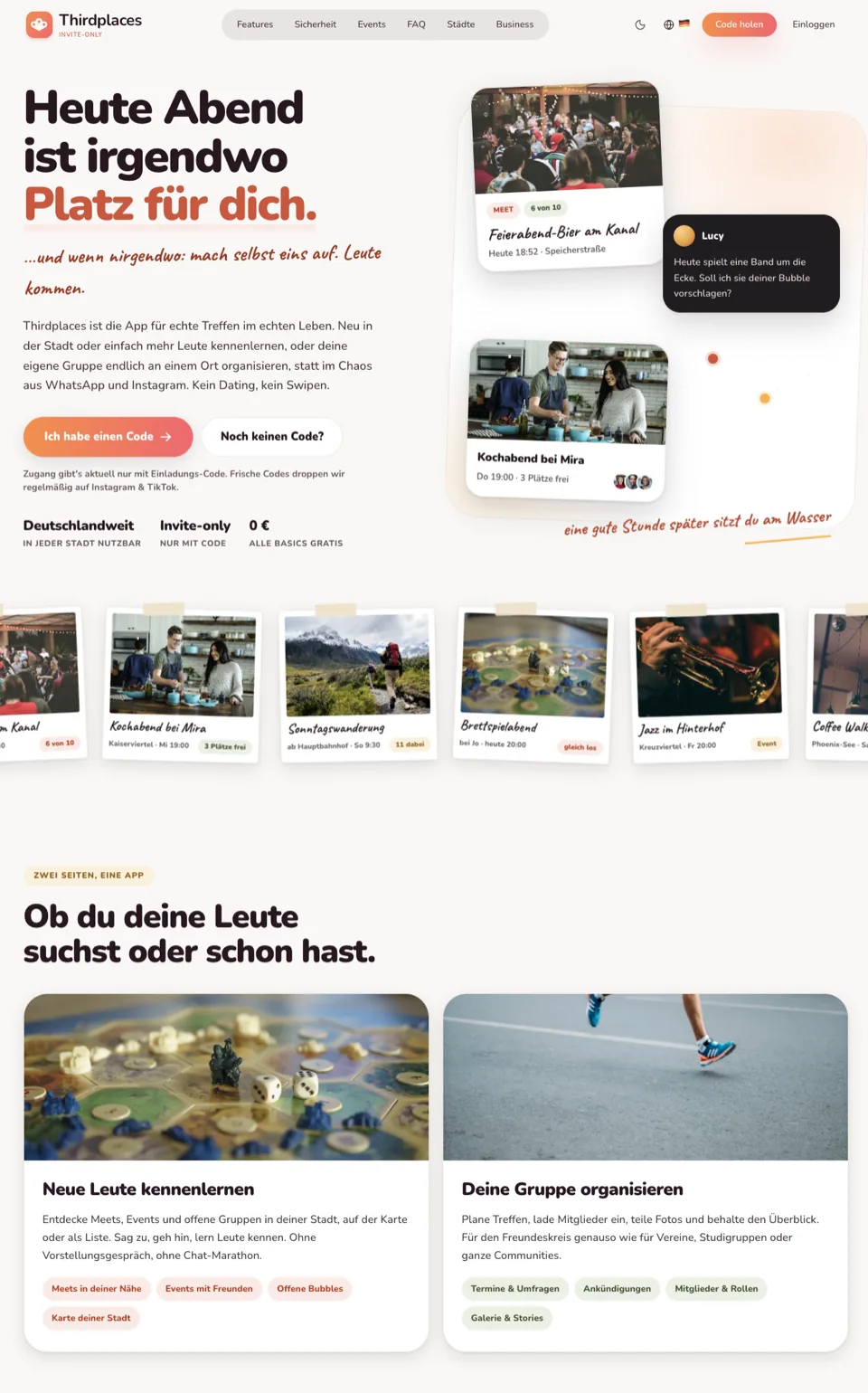 Startseite von thirdplaces.io mit dem Hinweis „Heute Abend ist irgendwo Platz für dich“